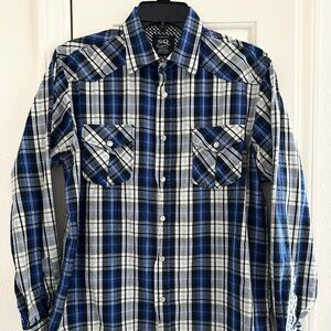 SQ Comfort Wash Men's Pearl Snap Blue Plaid Long Sleeve Shirt, Medium